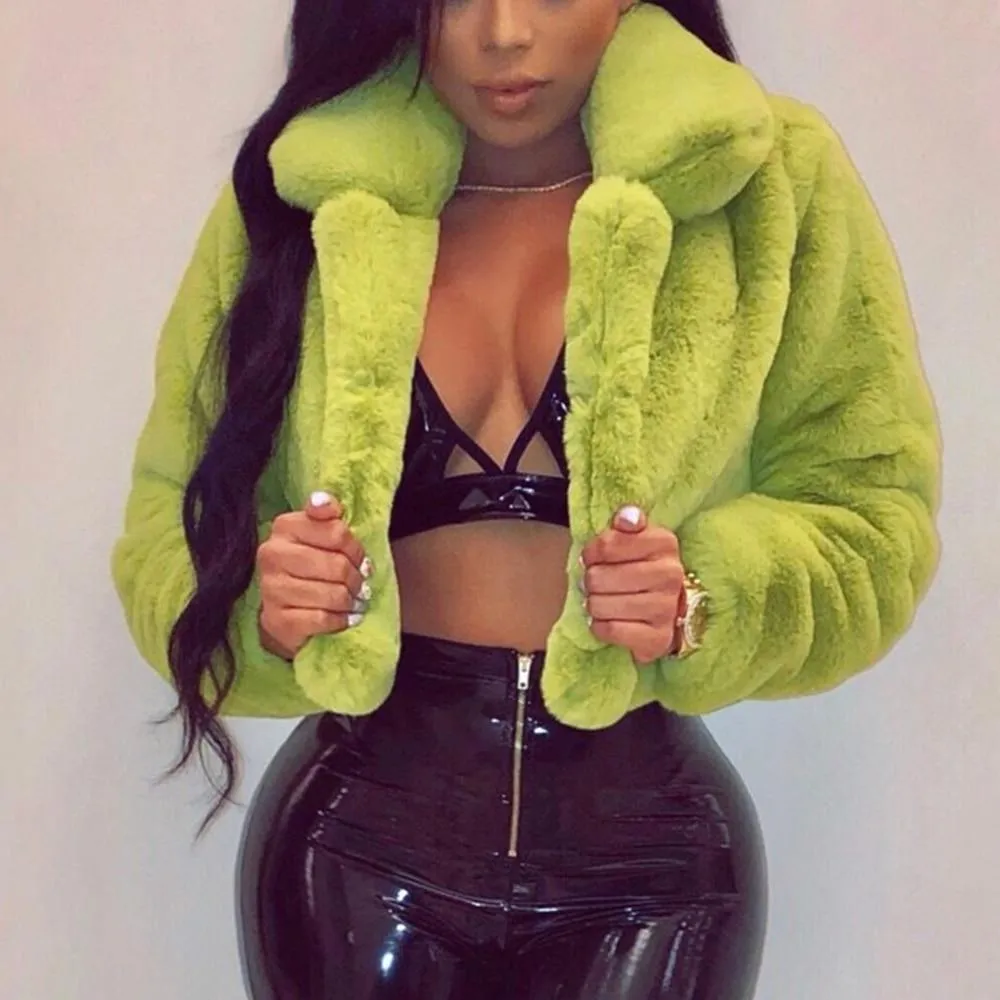 Warm Fluffy Faux Fur Cropped Jacket Turn Down Collar Open Front