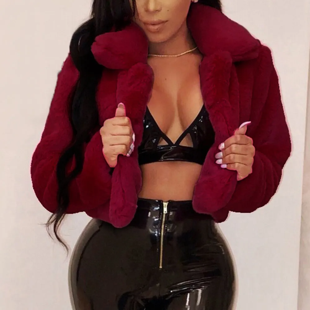 Warm Fluffy Faux Fur Cropped Jacket Turn Down Collar Open Front