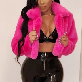 Warm Fluffy Faux Fur Cropped Jacket Turn Down Collar Open Front