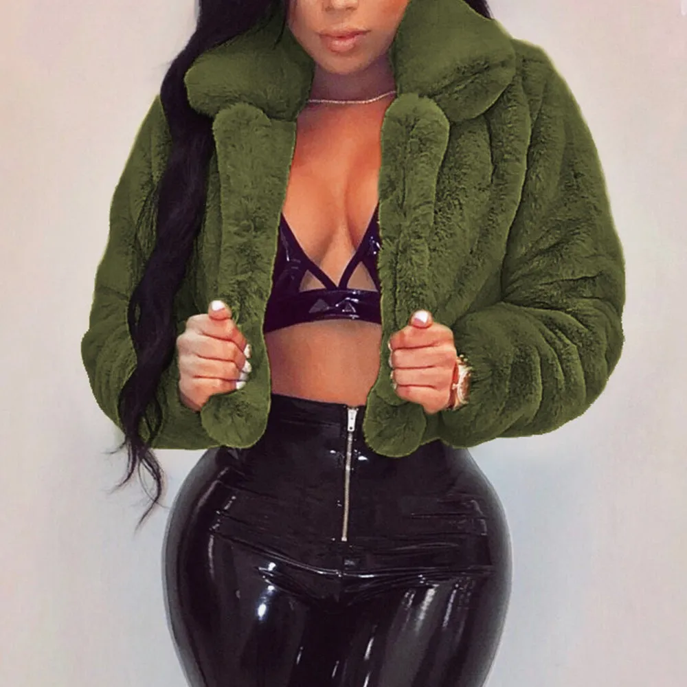 Warm Fluffy Faux Fur Cropped Jacket Turn Down Collar Open Front