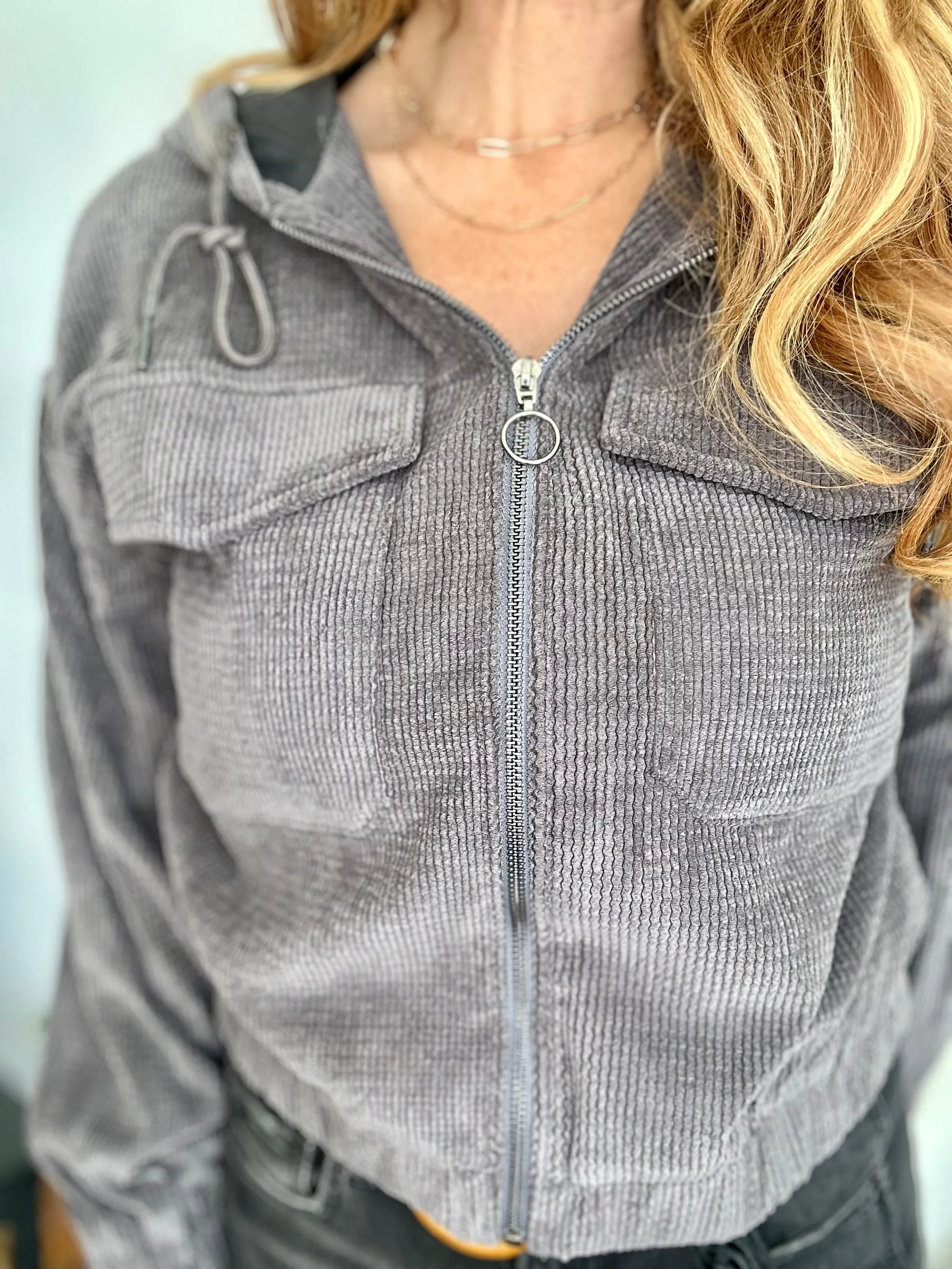 Washed Corduroy Zipper Front Hoodie Jacket