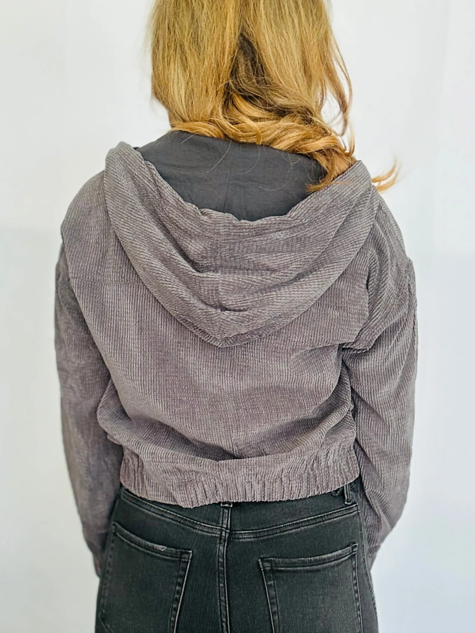 Washed Corduroy Zipper Front Hoodie Jacket