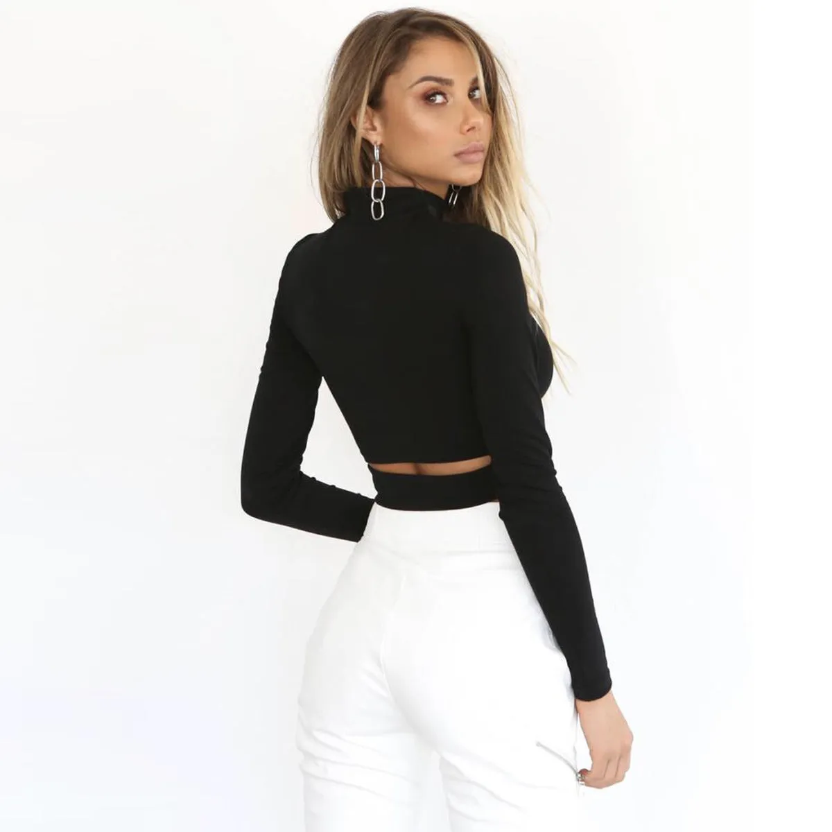 Women Sexy Cutout Turtleneck Long Sleeve Crop Top ZY8815
