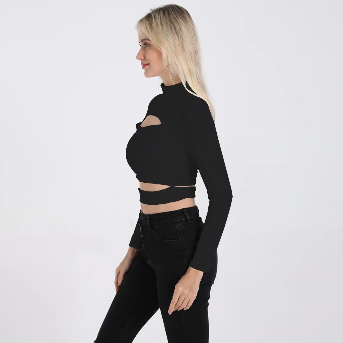 Women Sexy Cutout Turtleneck Long Sleeve Crop Top ZY8815