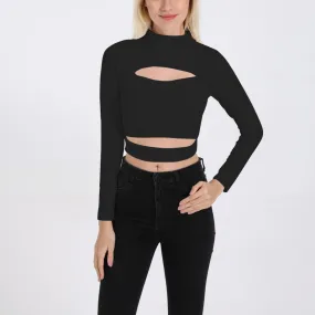 Women Sexy Cutout Turtleneck Long Sleeve Crop Top ZY8815