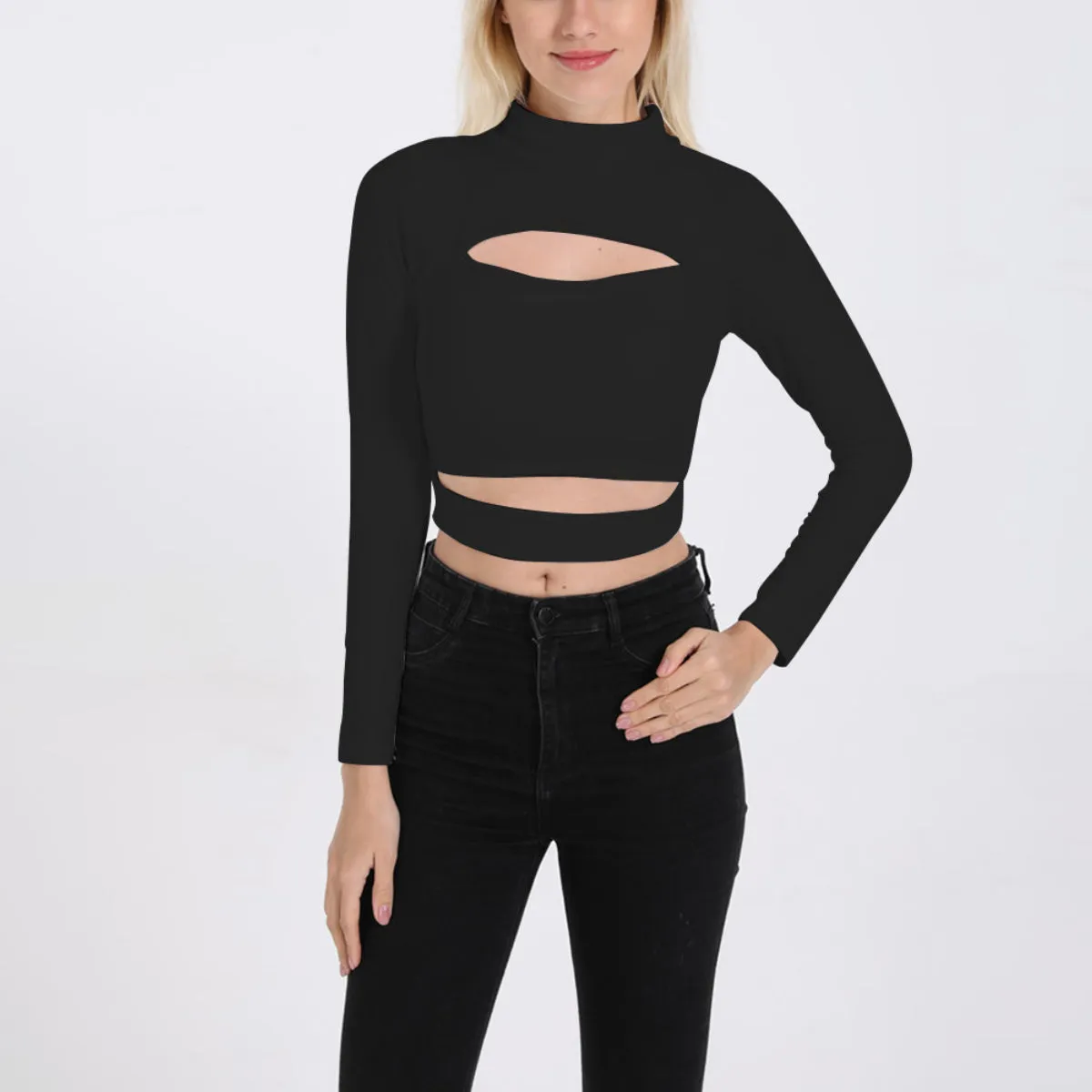 Women Sexy Cutout Turtleneck Long Sleeve Crop Top ZY8815