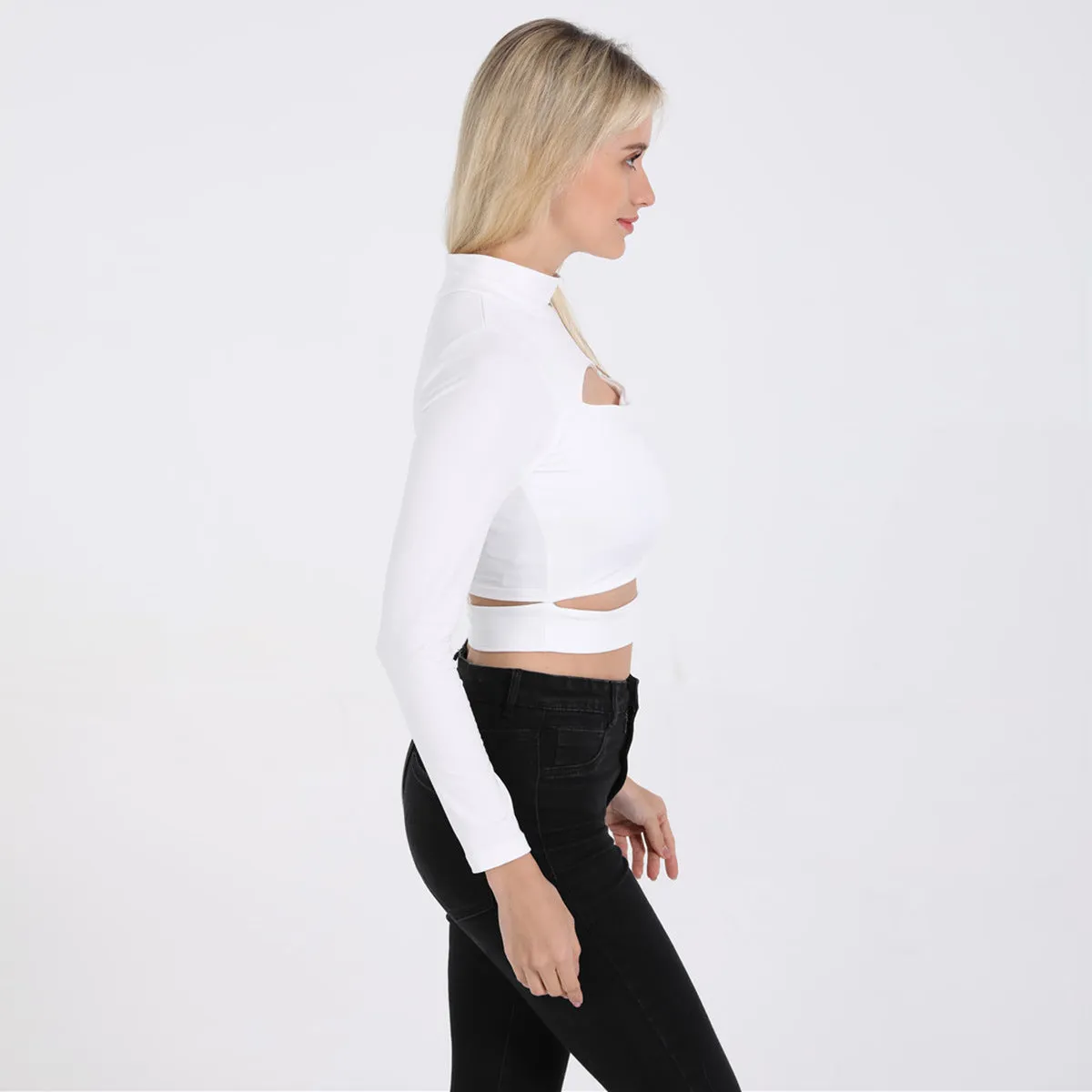 Women Sexy Cutout Turtleneck Long Sleeve Crop Top ZY8815