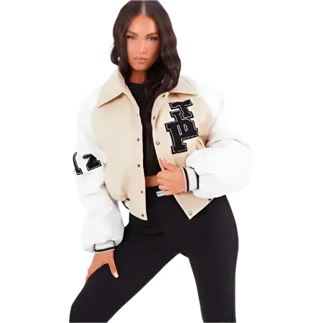 Women's Beige Varsity Leather Bomber Jacket