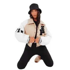 Women's Beige Varsity Leather Bomber Jacket