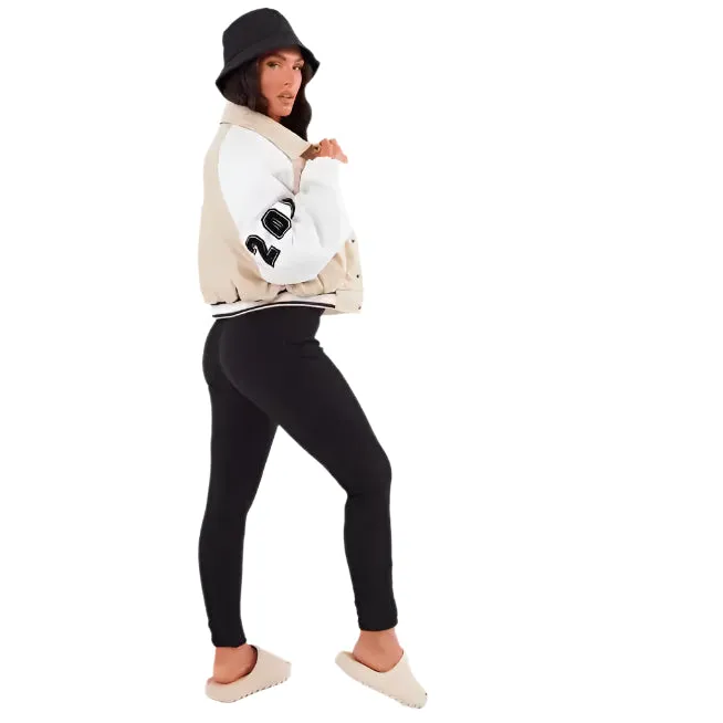 Women's Beige Varsity Leather Bomber Jacket