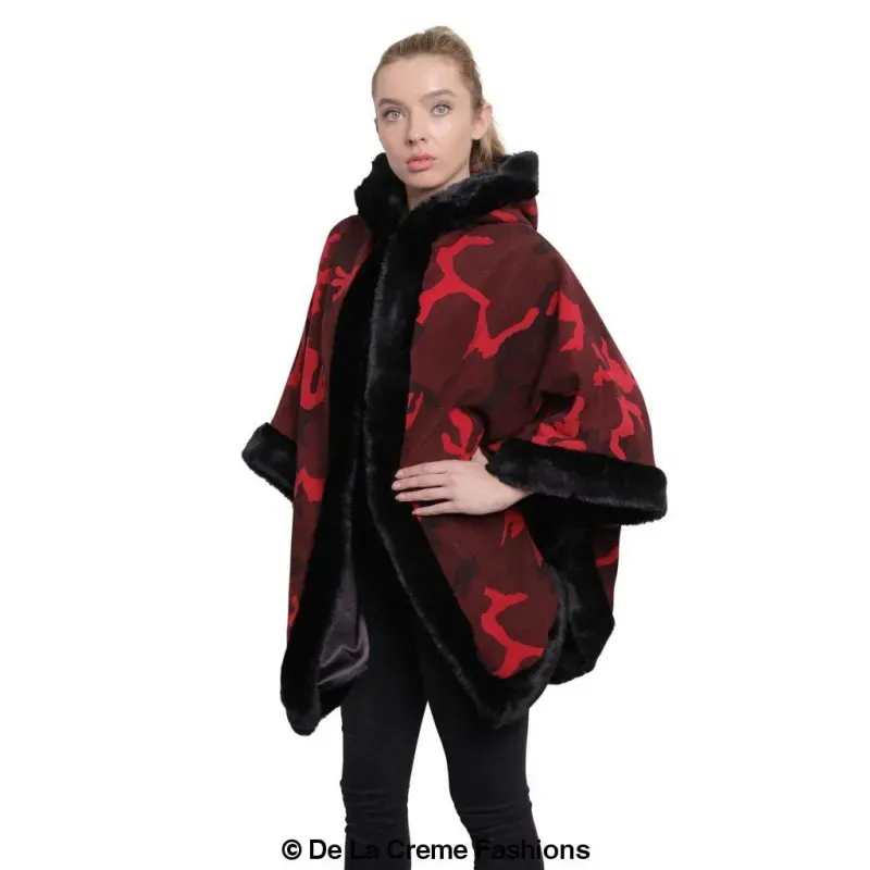 Women’s Camo Print Fur Trim Hooded Cape