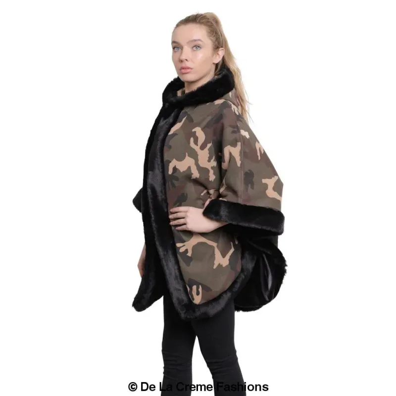 Women’s Camo Print Fur Trim Hooded Cape