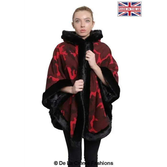 Women’s Camo Print Fur Trim Hooded Cape