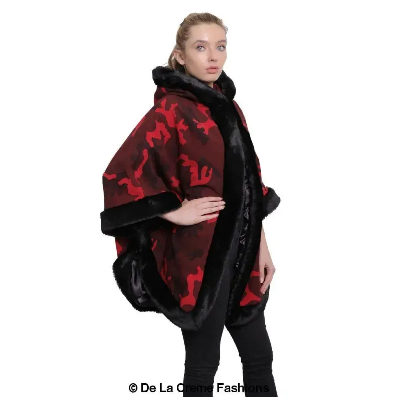 Women’s Camo Print Fur Trim Hooded Cape