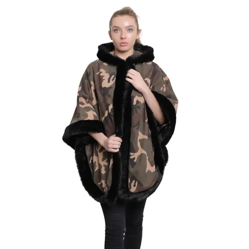 Women’s Camo Print Fur Trim Hooded Cape