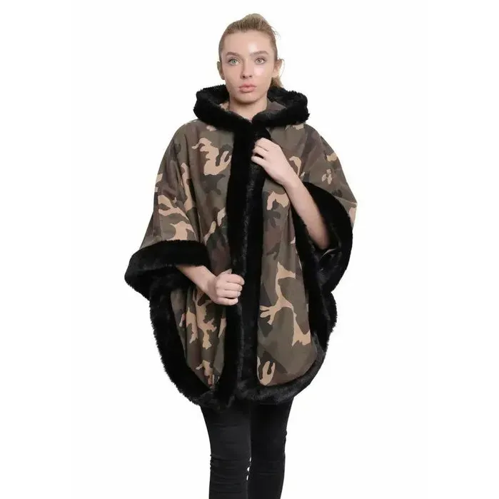 Women’s Camo Print Fur Trim Hooded Cape