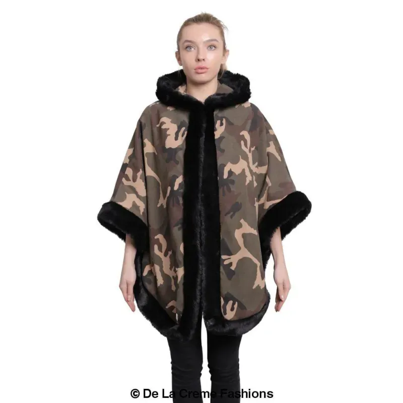 Women’s Camo Print Fur Trim Hooded Cape
