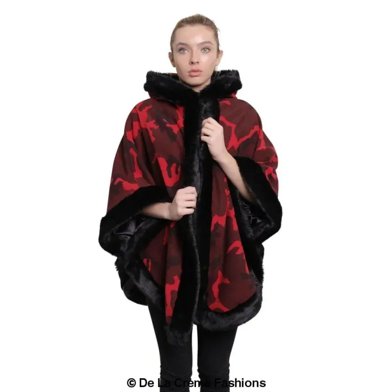 Women’s Camo Print Fur Trim Hooded Cape