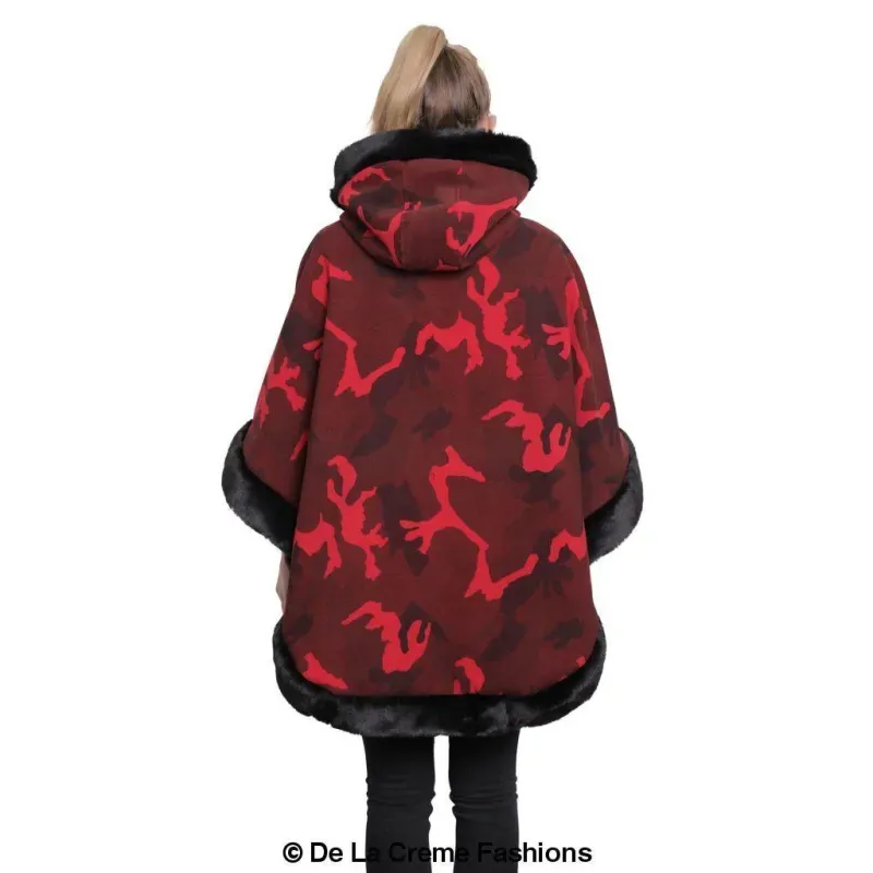 Women’s Camo Print Fur Trim Hooded Cape