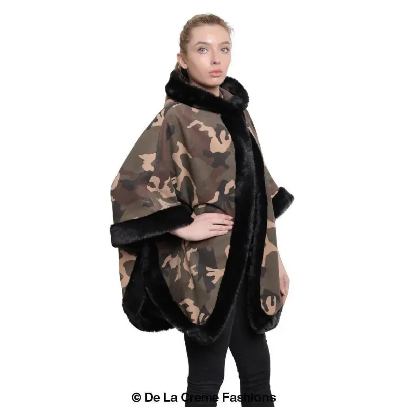 Women’s Camo Print Fur Trim Hooded Cape