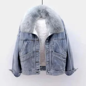 Women's Denim Fur Jacket - Winter Fashion