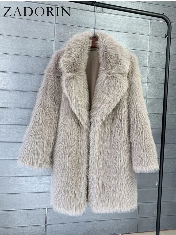 ZADORIN 2024 Winter Loose Faux Fur Jacket Women Furry Warm Lapel Mid Long Faux Fur Coat Luxury Fur Jackets for Women Coats Tops